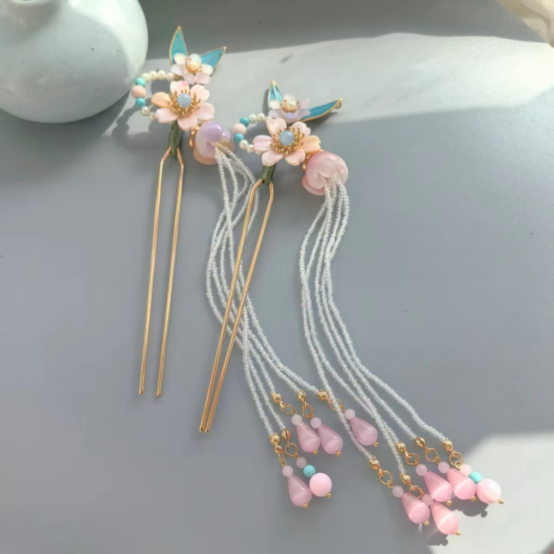 粉贝流苏发簪步摇