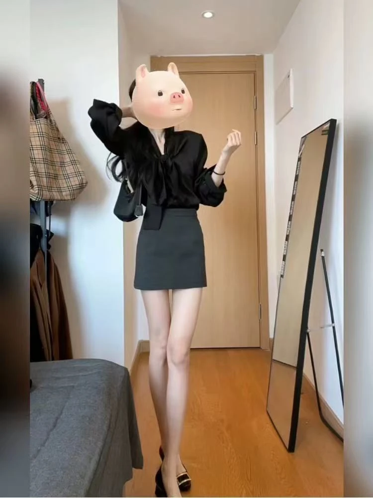 微胖御姐风高级感黑色缎面衬衫女春季高腰修身显瘦包臀半身裙套装