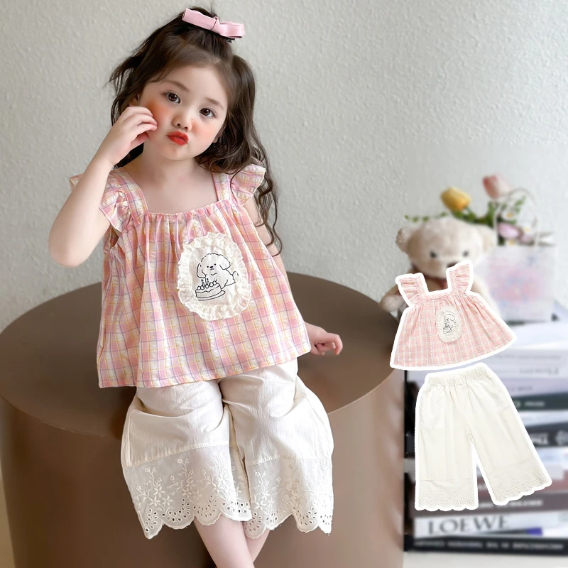 女童粉格子娃娃衫套2025夏季新款时尚小女孩洋气两件套中小