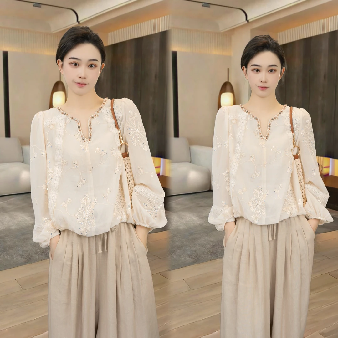 新中式钉珠刺绣3118衬衫女2025夏季新款法式超仙气质温柔国风上衣