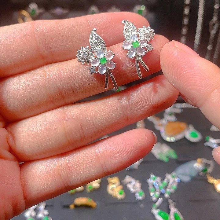 翡翠戒指银S925镶嵌耳钉