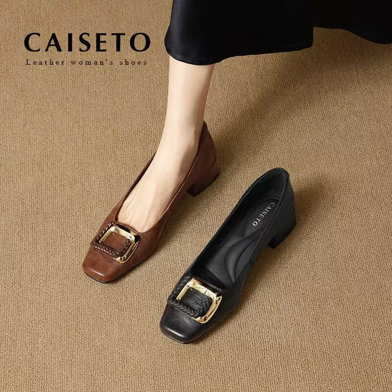 头层牛皮/3.5cm 新款浅口透气中跟浅口方头通勤复古百搭单鞋D465