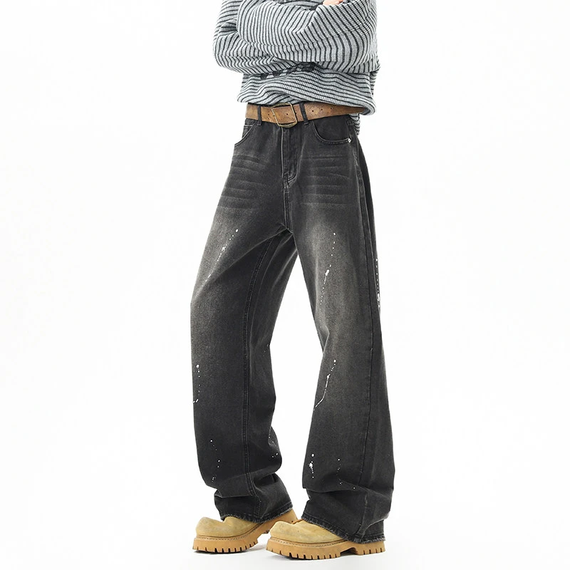 DeweLvum复古泼墨水洗牛仔裤男新款潮牌痞帅宽松阔腿百搭休闲长裤