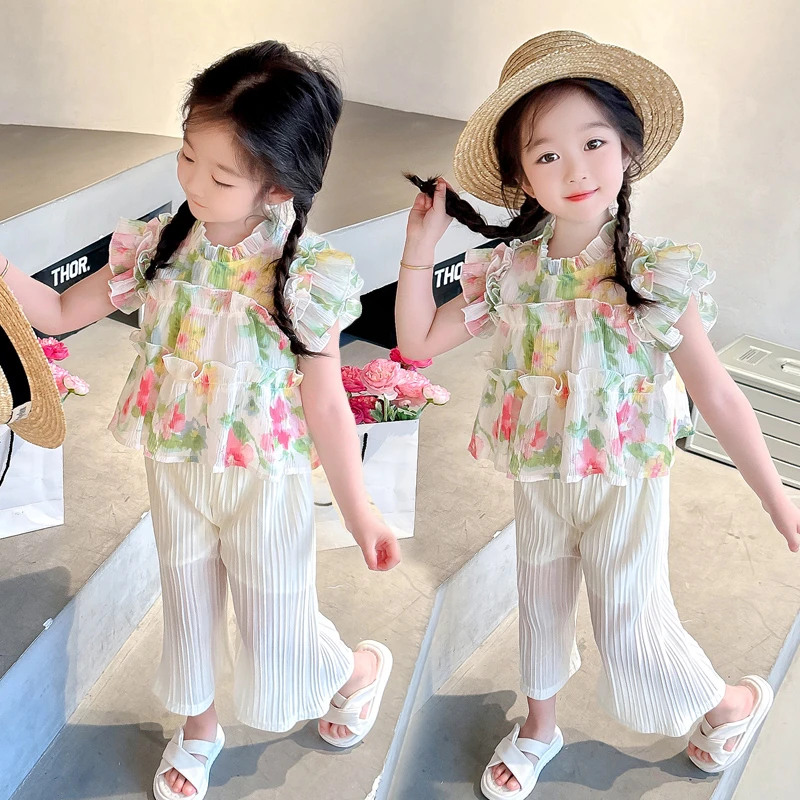 女童夏季套装儿童洋气碎花两件套2025新款小女孩韩版无袖薄款夏装