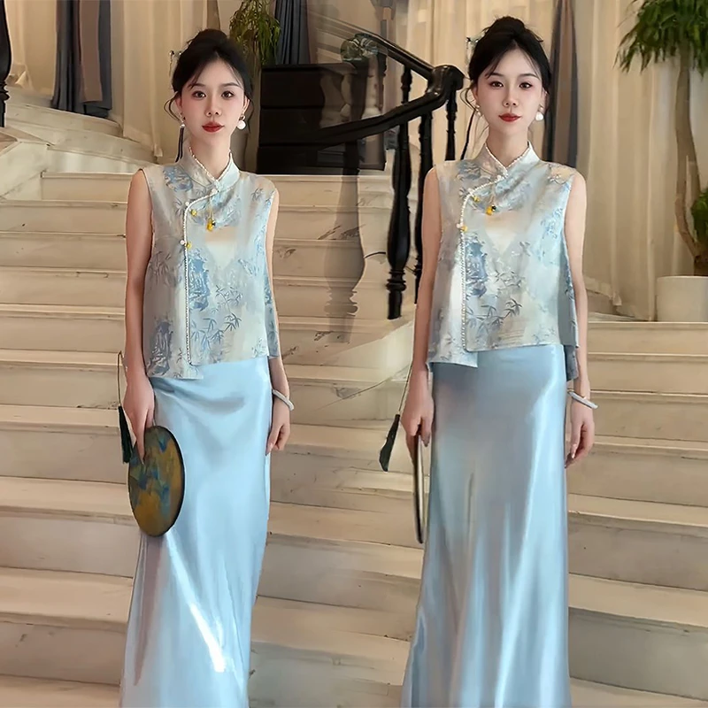 新中式国风套装裙女夏季新款高级感轻奢气质复古马甲半身裙两件套