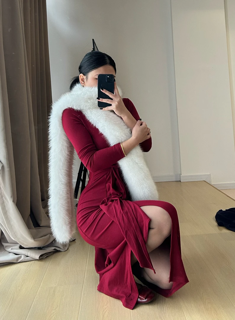 【你伍老板娘】“情到深处自然来”纯色交叉左侧扭结A字摆渡连衣裙长