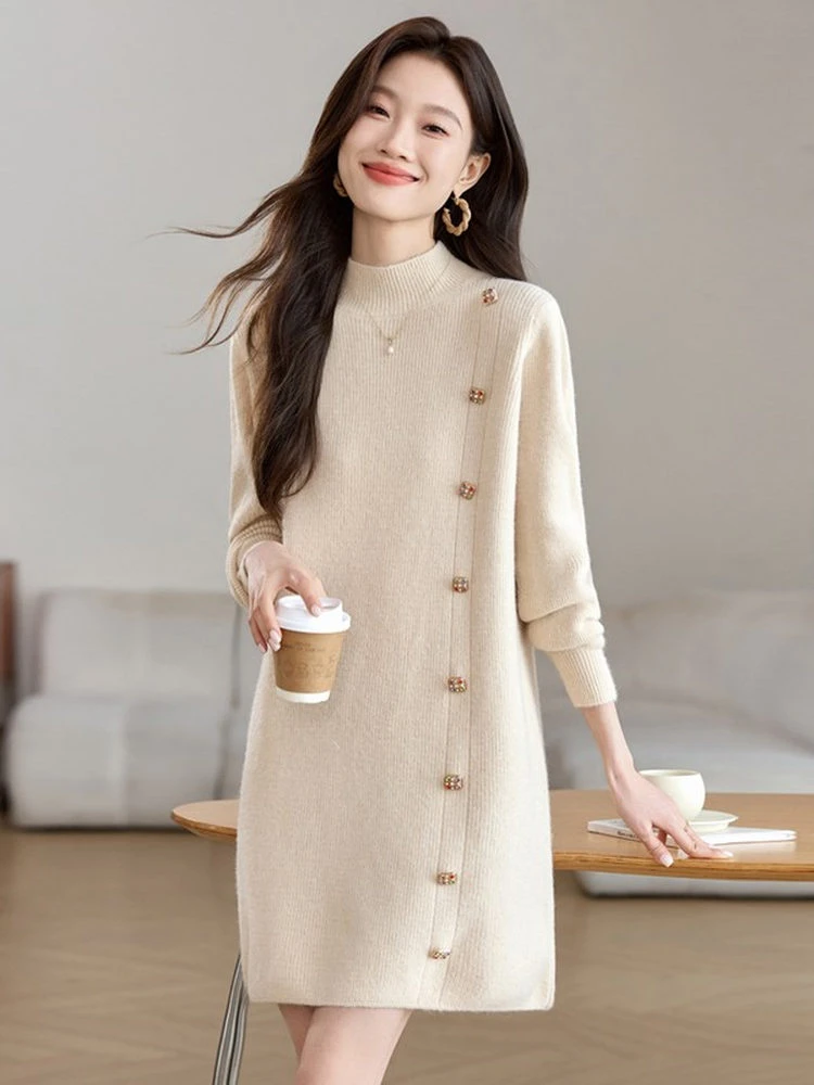 高端气质半高领针织衫女秋冬新款洋气显瘦减龄中长款遮屁股毛衣裙