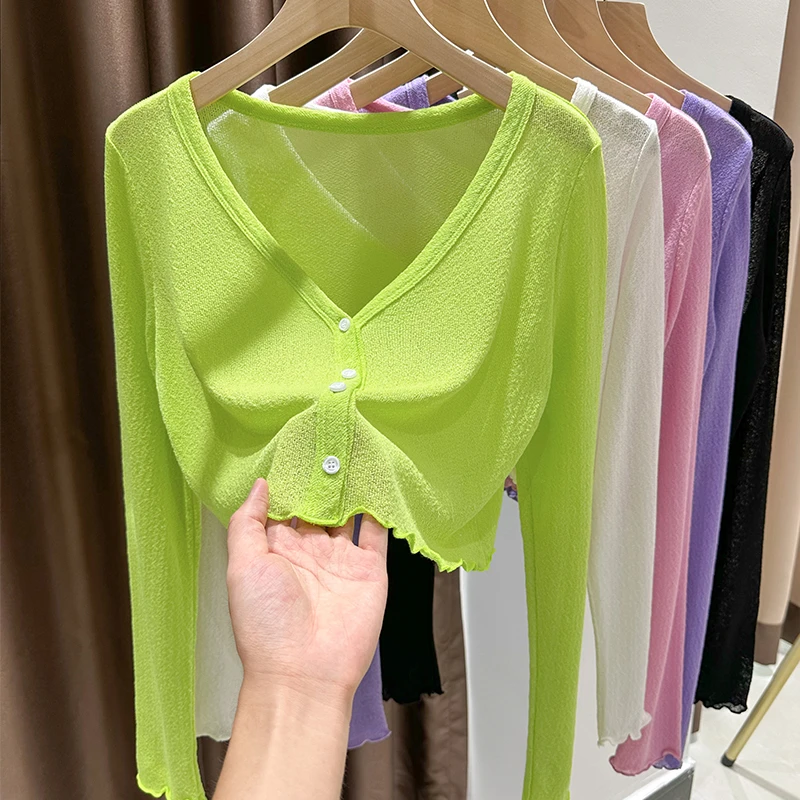 时尚早秋慵懒针织衫黄色镂空凉感针织开衫百搭短款上衣女款设计感