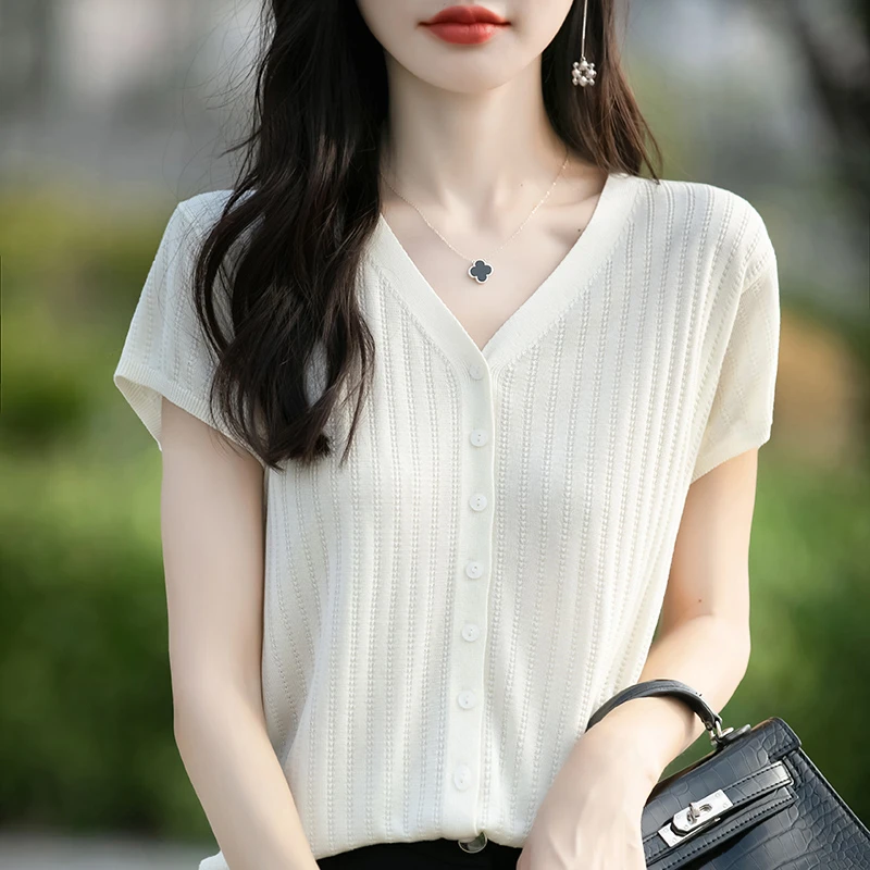 2025新款正品夏季V领纯色宽松针织衫外搭开衫薄款百搭洋气衣服