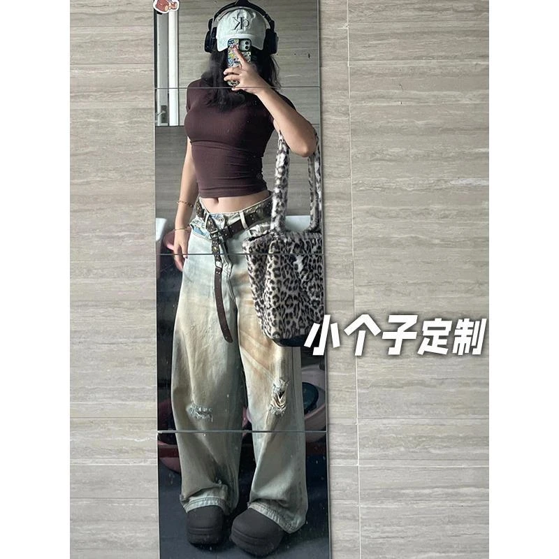 150小矮个子破洞涂鸦复古牛仔裤女夏款美式拖地裤高腰阔腿直筒裤