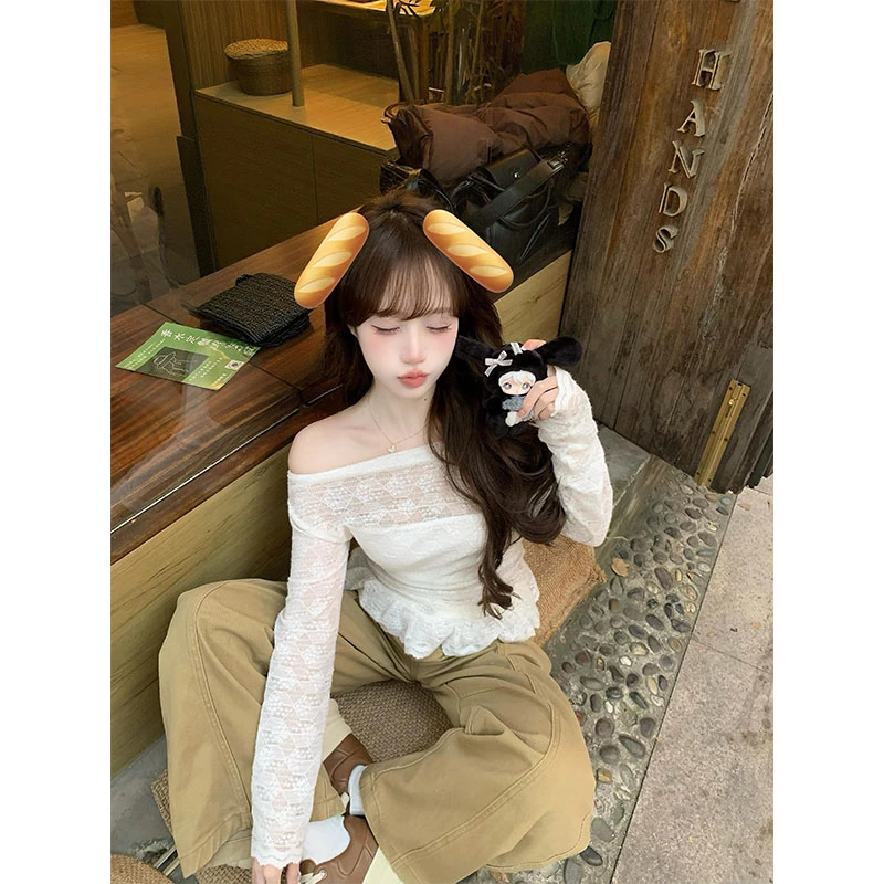 秋冬新款蕾丝纯欲风时尚洋气休闲长袖上衣高腰复古百搭直筒裤套装