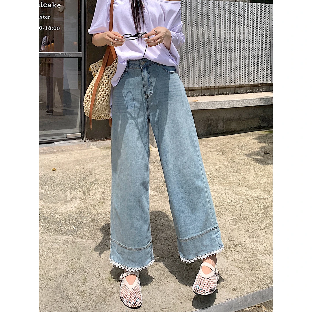 【现现专场】大码女装独特蕾丝边九分直筒裤胖mm高腰巨显瘦牛仔裤