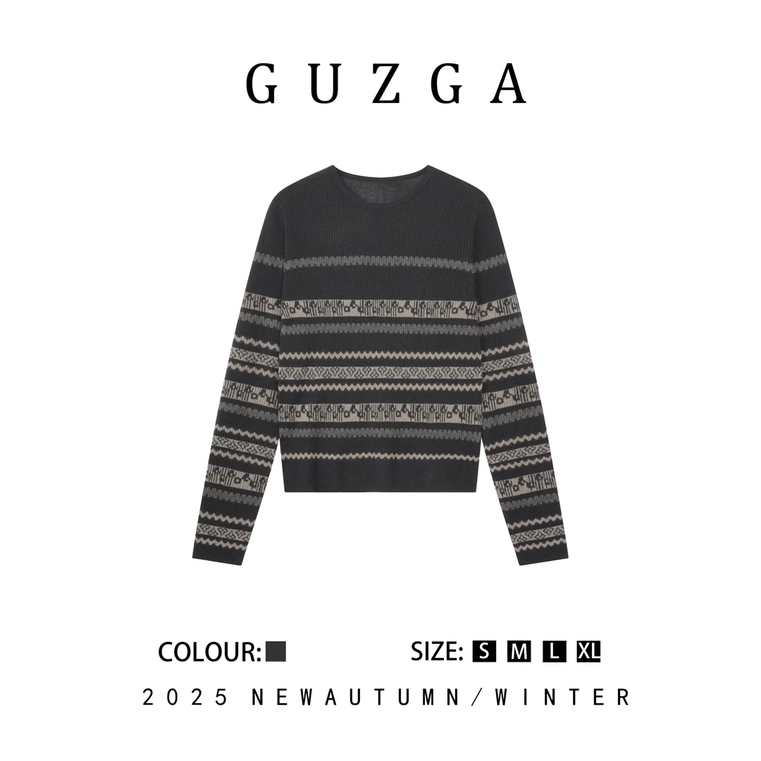 GUZGA【倾国倾城】2025早秋新款条纹针织衫时尚百搭休闲圆领针织