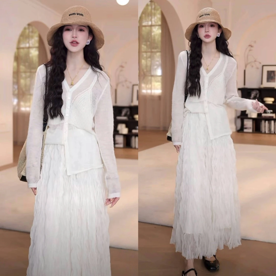 2025春夏新款针织开衫长袖+显瘦蛋糕裙气质高腰半身裙针织小香风