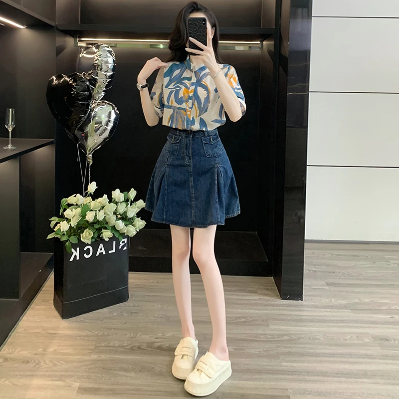 夏季洋气减龄休闲时尚套装女俏皮减龄短袖衬衫上衣牛仔短裙两件套
