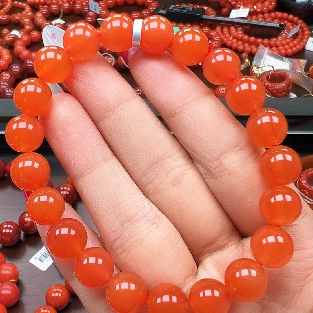 南红玛瑙未镶嵌手串精品 保山河湾冰红起荧光卡9mm+