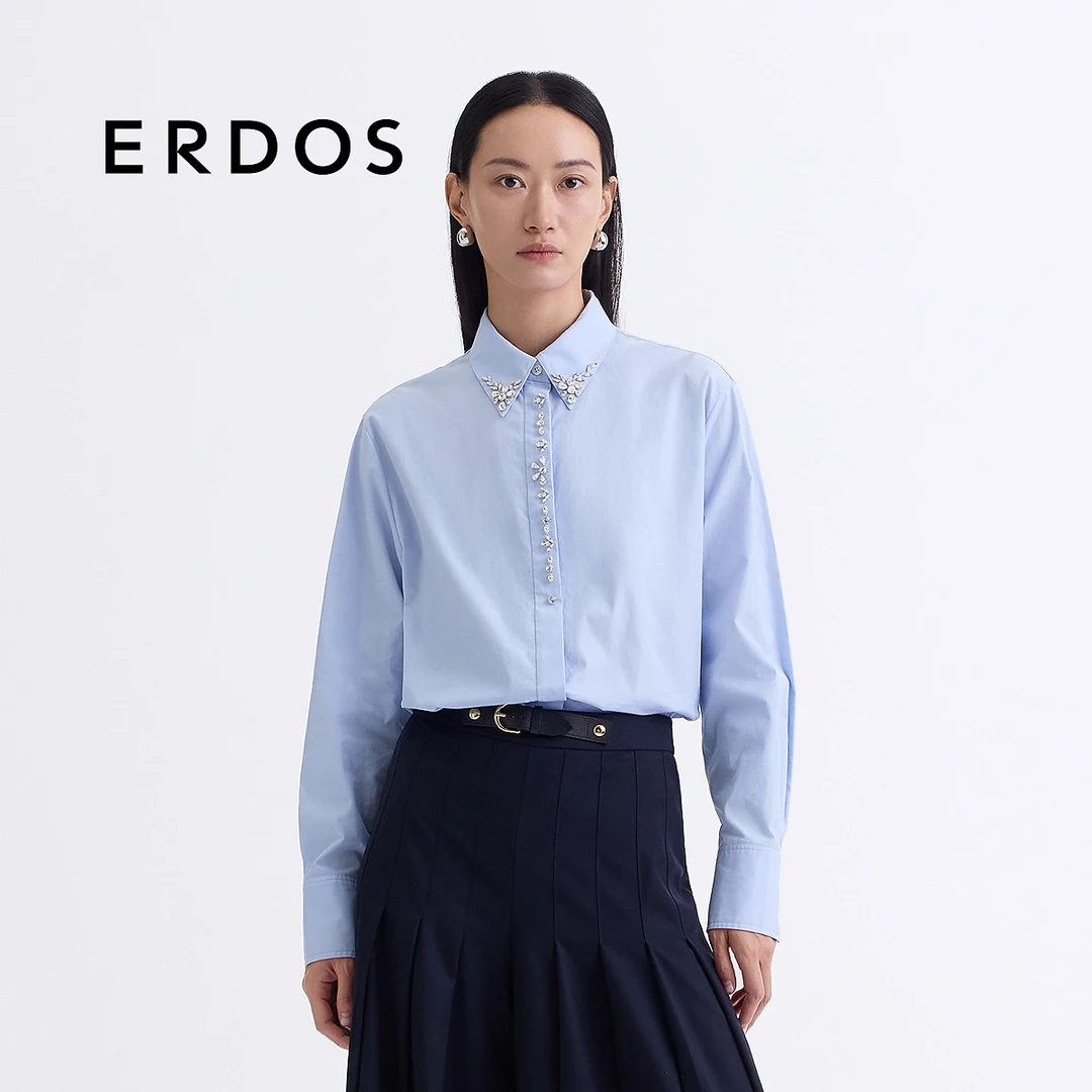 【纯棉衬衫】ERDOS 蓝色可拆卸领锆石挺括宽松上衣春