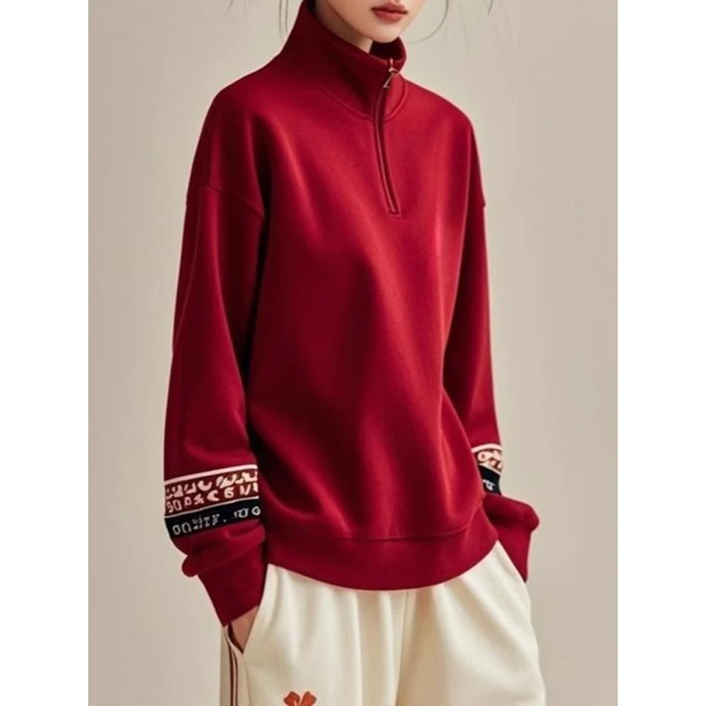 国风刺绣红色立领卫衣女秋冬新款蛇年本命年高级感内搭可外穿上衣