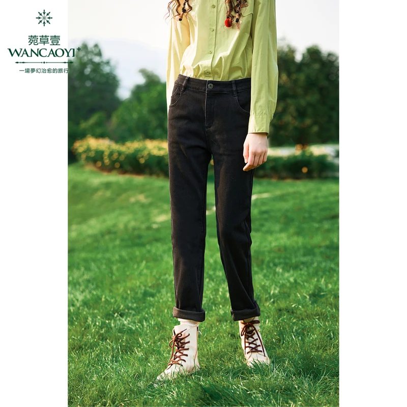 菀壹冬季新款显瘦高腰宽松弹力黑色牛仔裤N24513351