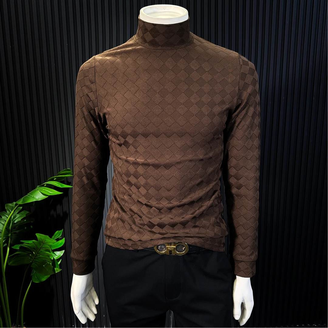 格子提花男士打底衫秋冬痞帅高级感男装成熟保暖内搭男款长袖t恤