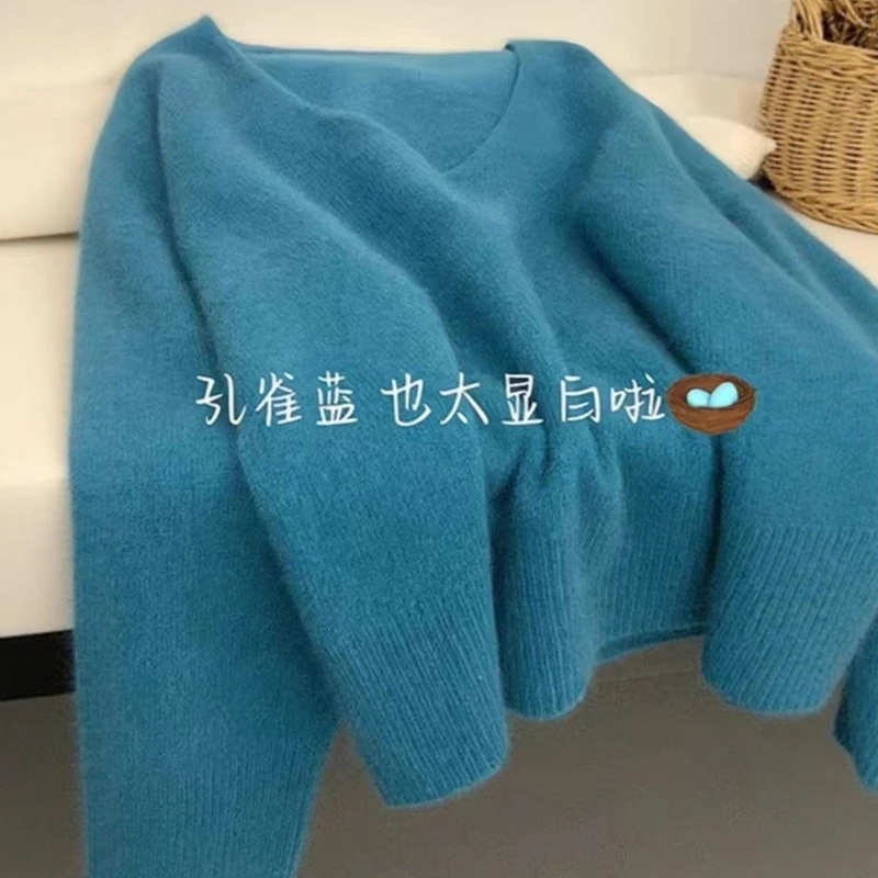 孔雀蓝v领套头毛衣女秋冬新款慵懒风外穿针织衫软糯短款套头上衣