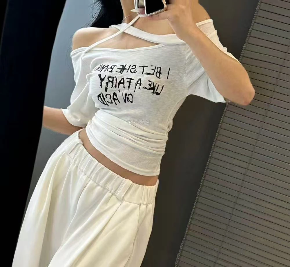 火火定制【辣妹T】夏季新款不规则辣妹交叉挂脖露肩修身上衣