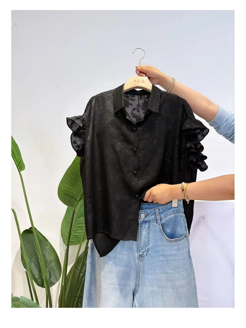 DY2504樱美嘉100桑蚕丝四经绞罗夏季新款新中式荷叶袖百搭上衣黑