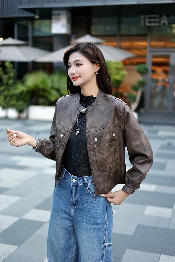 咖色皮衣女款2025新款超火早秋流行穿搭小个子酷飒风短款外套夹克