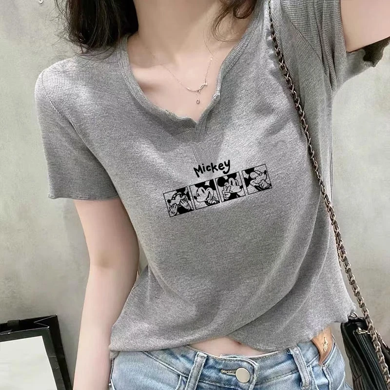 2025新款正肩螺纹V领口短袖T恤女设计感修身显瘦打底衫上衣夏季潮