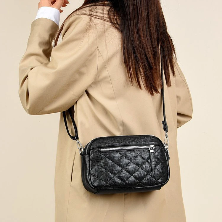 头层牛皮轻奢风斜挎包格子女士包时尚潮流零钱包小挎包小包包真皮