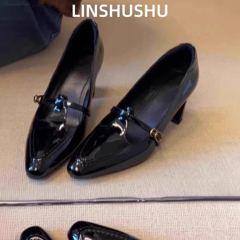 牛皮版~2025尖头玛丽珍鞋女小众T字扣带粗高跟单鞋配裙子小皮鞋