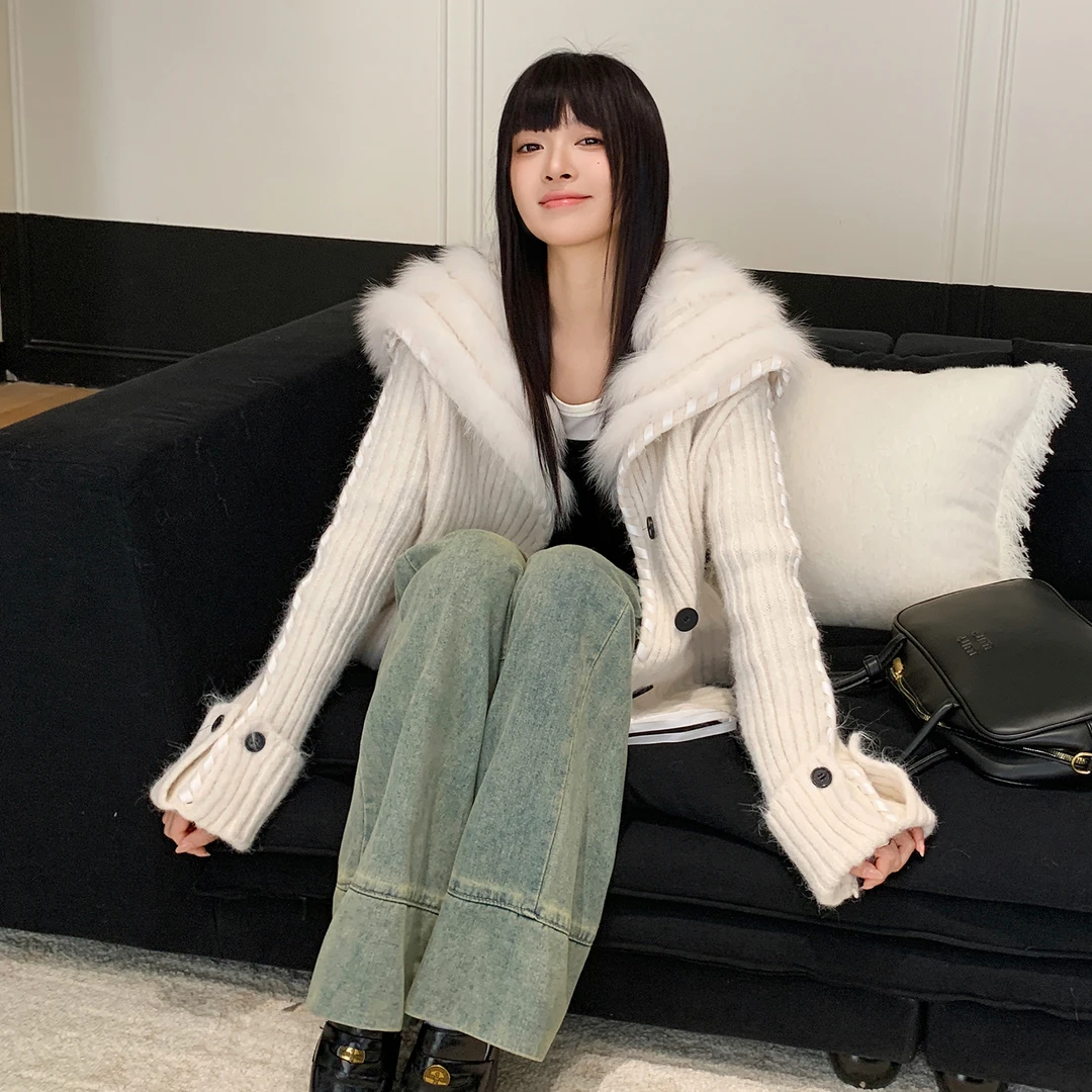 2025秋冬新款大翻领皮草毛衣外套女慵懒风拼接毛毛领飘带针织开衫