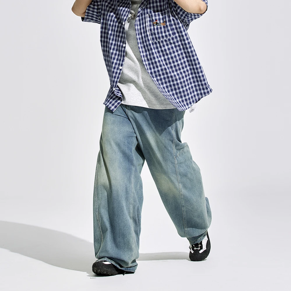 陈达浪不太胖【复古弯刀】大码男装夏季拼接水洗宽松牛仔裤男胖子