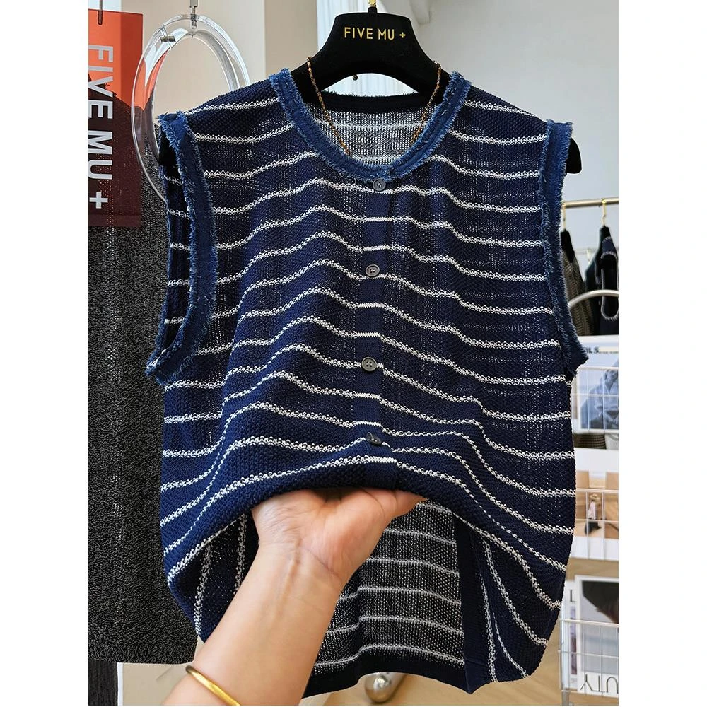 2025夏季新款别致外穿条纹马甲背心男薄款无袖针织衫加大码300斤