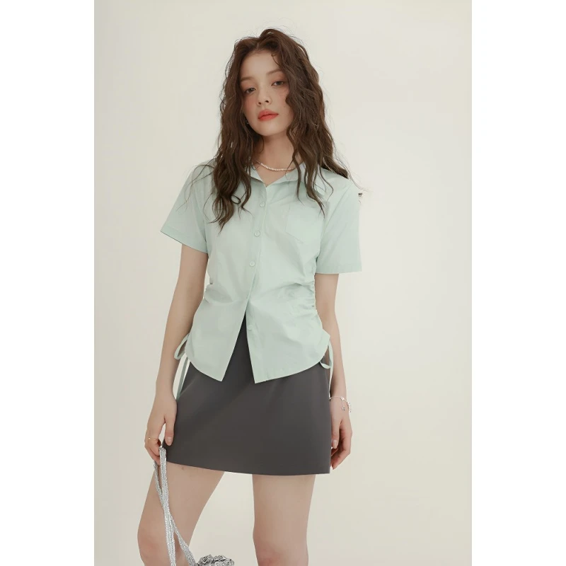 2025美式穿搭小众短袖衬衫女夏季新款侧腰抽绳设计感湖水绿上衣女