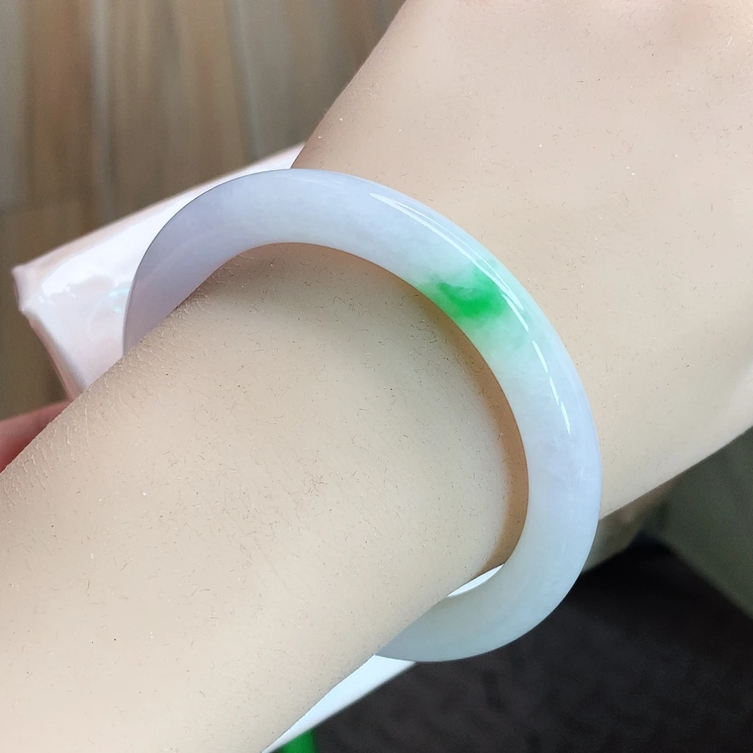 未镶嵌手镯翡翠53.9圈口粉紫飘阳绿美人条385