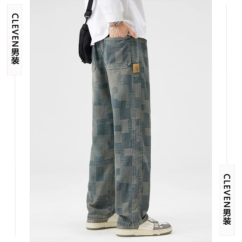 美式复古牛仔裤2025春秋新款美式复古格子男士宽松直筒阔腿长裤男