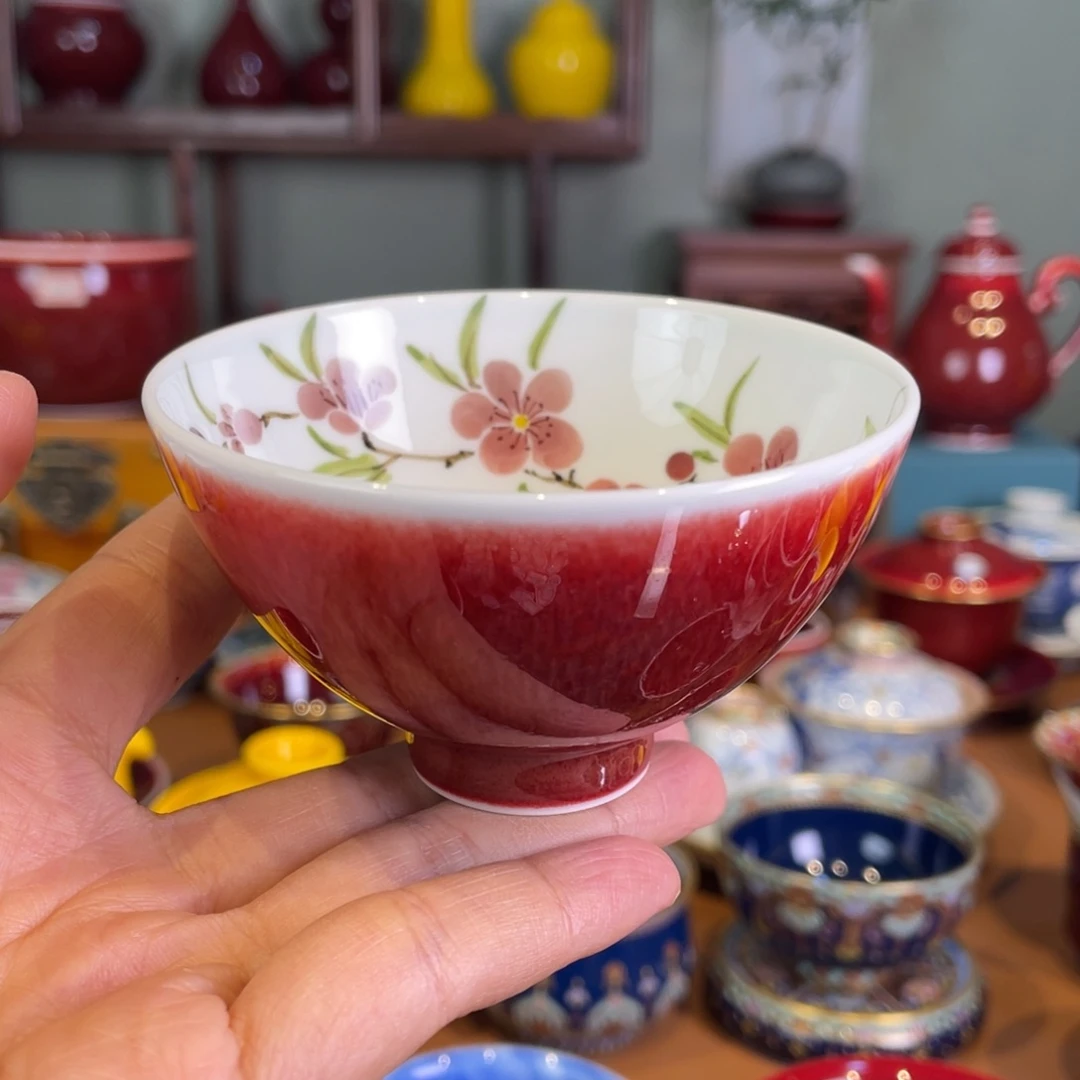 清欢雅玩原矿郎红内绘桃花鸡心杯
