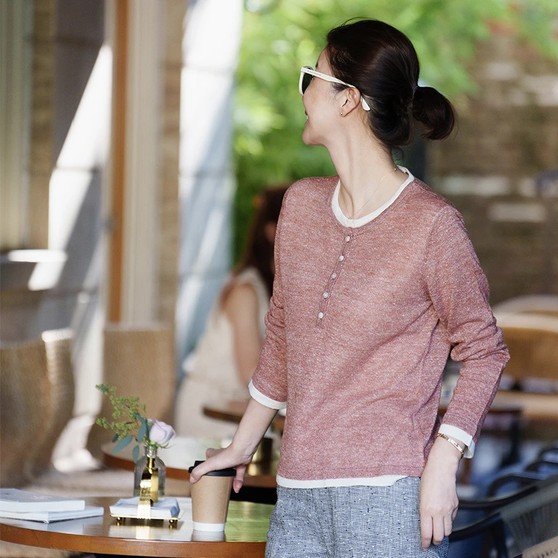 VESSI 金社长“雾纱叙事”亚麻羊毛花纱半门襟假两件显瘦针织衫