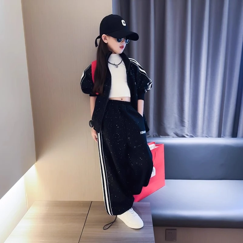 女童春装撒银套装2025春季新款大童时髦洋气拉链衣服运动裤两件套