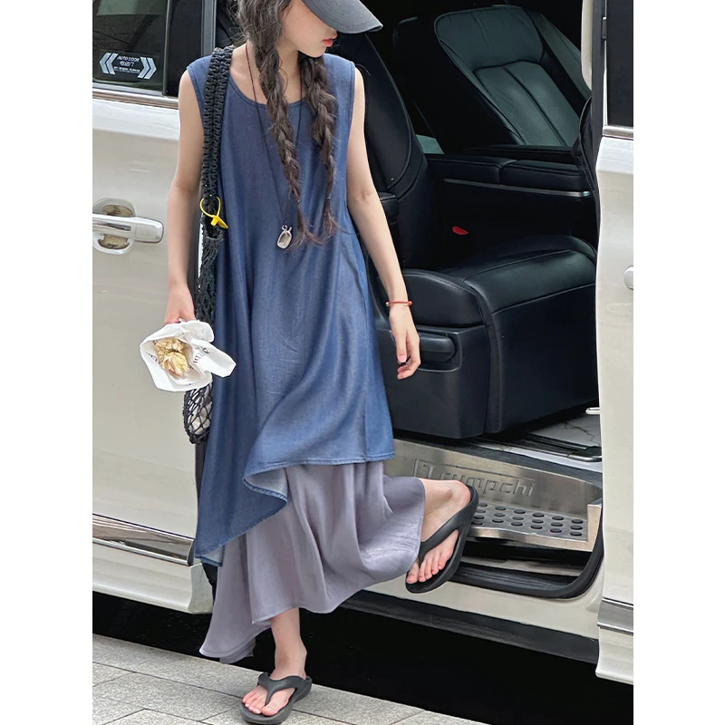 K28969不规则拼接女童夏装连衣裙2025新款高级感无袖裙子背心裙潮