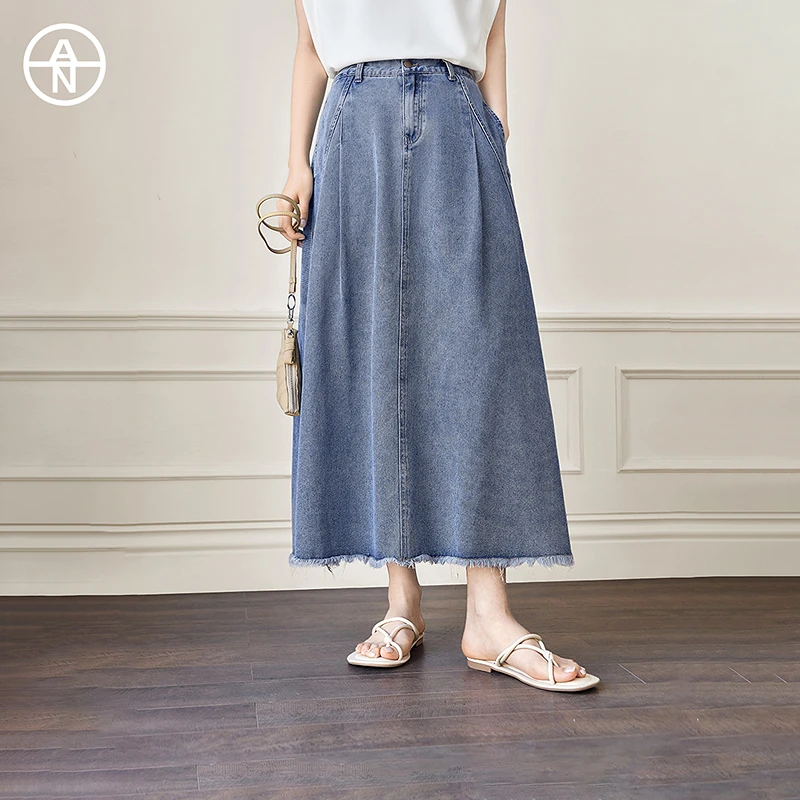 AN大码女装复古水洗牛仔半身裙夏季胖mm高腰遮胯显瘦毛边a字伞裙