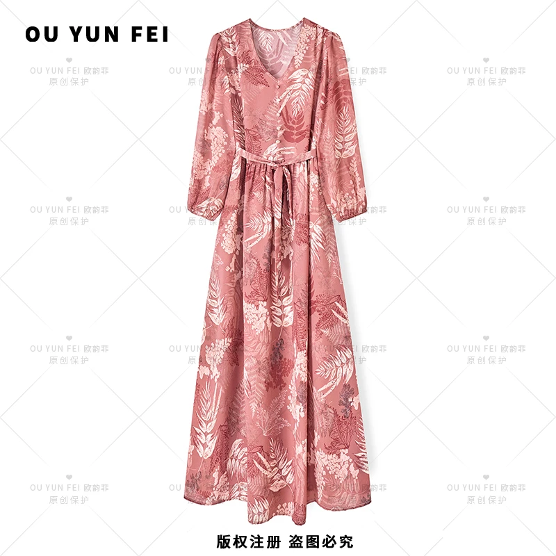 【粉黛佳人】温婉大方衣服新款气质显瘦穿搭时尚洋气印花长裙HY1079