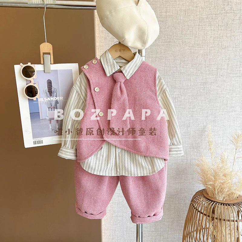 现货【奶盐咸桃】2024秋季新款儿童气质时尚男童套装韩版小马甲童装