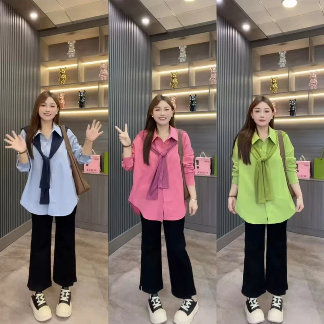 大码女装带披肩衬衫早秋时尚洋气设计感上衣355