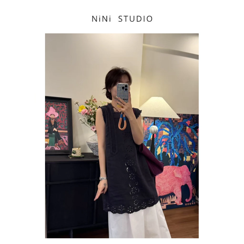 NiNi:欧货超精致镂空刺绣无袖苎麻小衫～