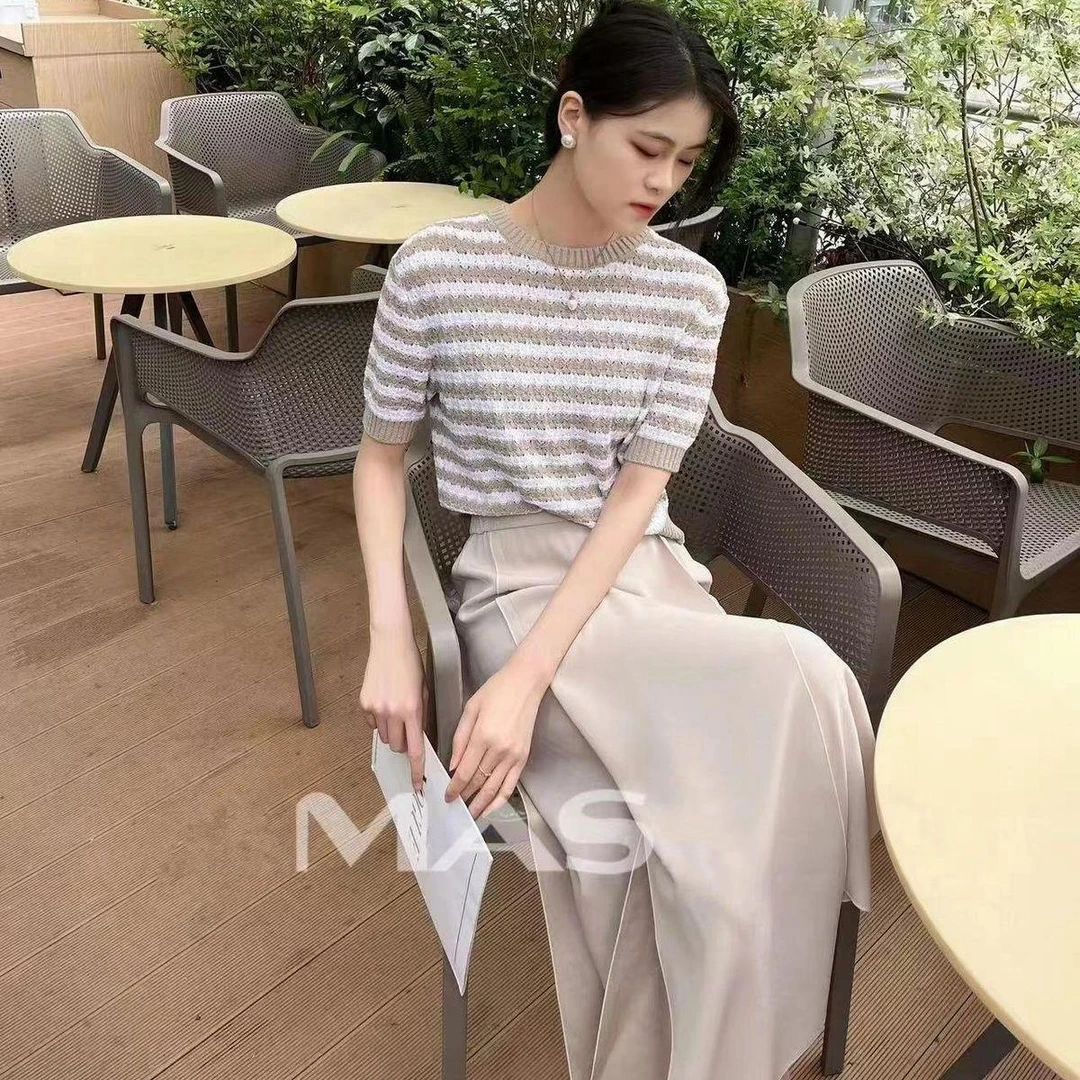 阿家正品镂空高档贵气夏季宽松条纹针织衫 5399711-1T31863-005