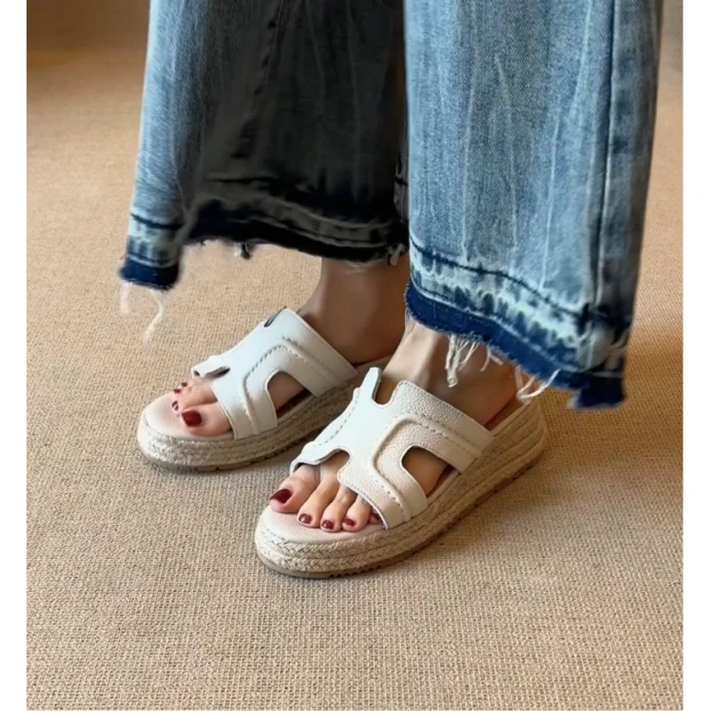 一字凉拖鞋女夏季休闲拖鞋女鞋外穿网红厚底坡跟仙女风沙滩凉拖鞋