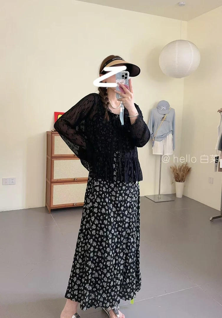 hello 白菜 黑色气质碎花连衣裙