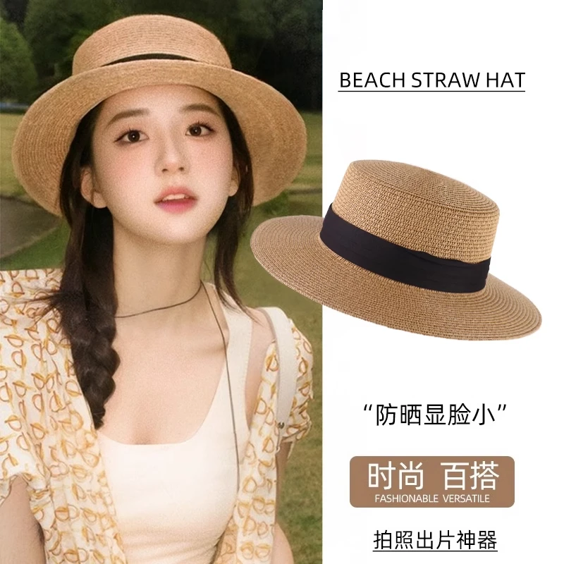 法式复古草编草帽女夏季2025新款户外大帽檐遮阳防晒平顶太阳礼帽